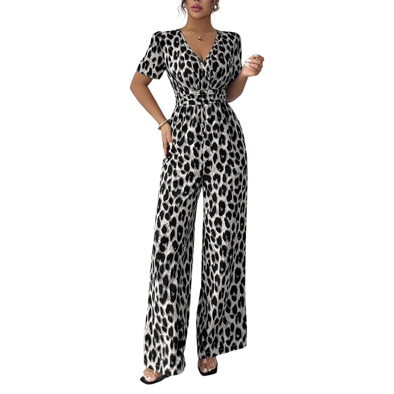 LEOVARA – LEOPARD V-NECK WIDE-LEG JUMPSUIT