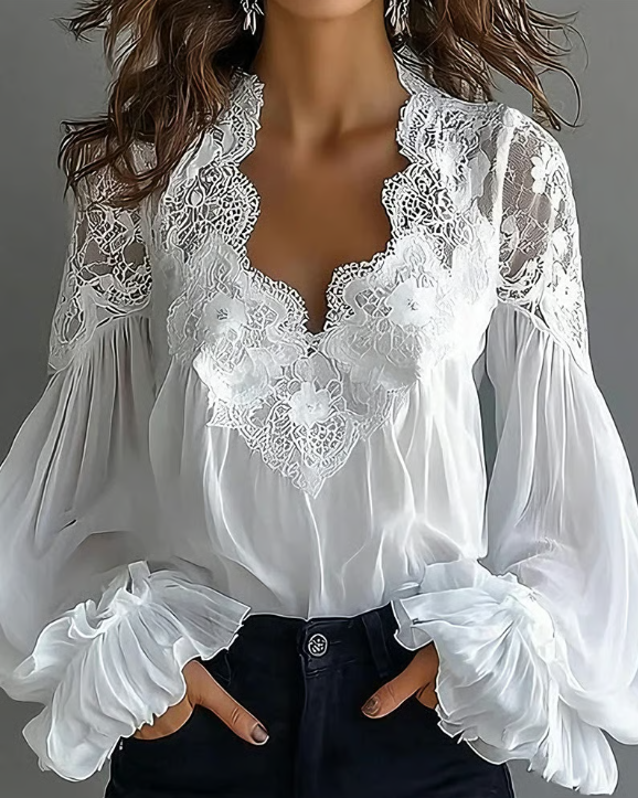 LACEVA – FLORAL LACE LANTERN SLEEVE BLOUSE