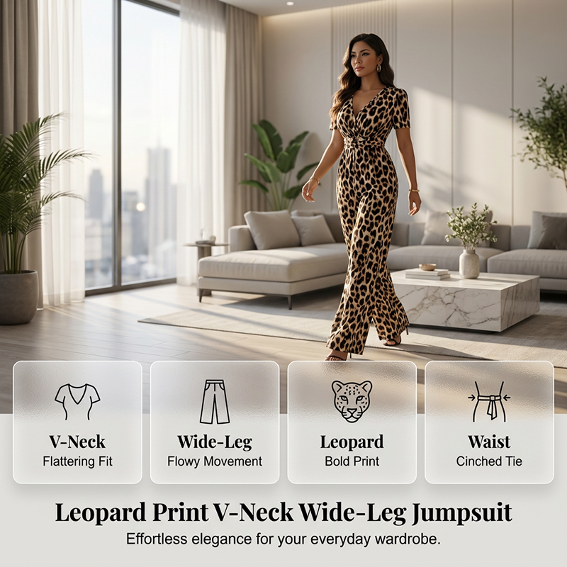 LEOVARA – LEOPARD V-NECK WIDE-LEG JUMPSUIT