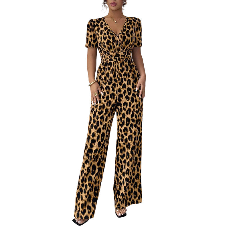 LEOVARA – LEOPARD V-NECK WIDE-LEG JUMPSUIT