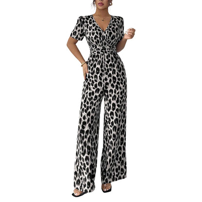 LEOVARA – LEOPARD V-NECK WIDE-LEG JUMPSUIT